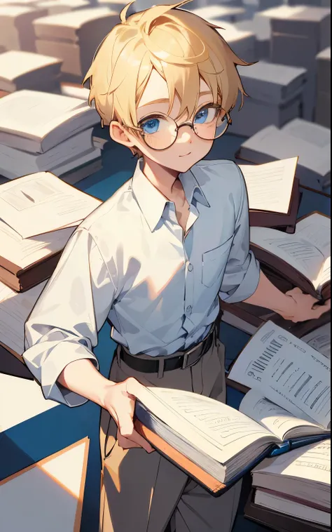 Cute boy, blonde hair, blue eyes, young, happy, white shirt, collared shirt, belt, religious, holding book, round glasses, strict, small boy