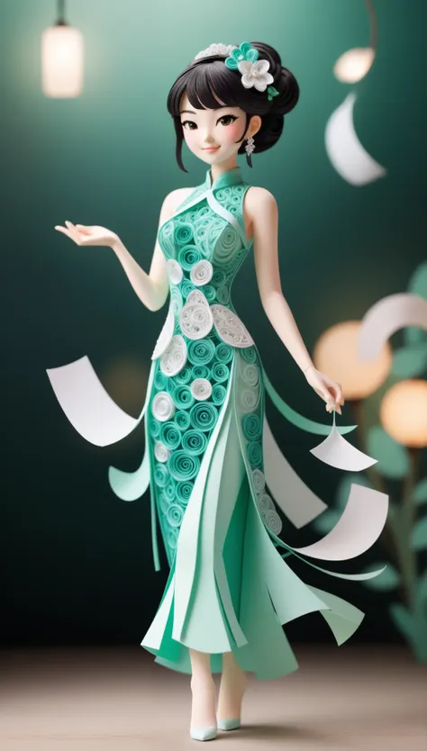 (paper art,layered paper art,paper quilling,paper-cut,paper sculpture), 1 Cheongsam woman，Slender figure，perfectly proportions，Delicate hair accessories, full body, smile，Oriental elements，simple background, mint green,  (Soft Lighting, Bokeh)