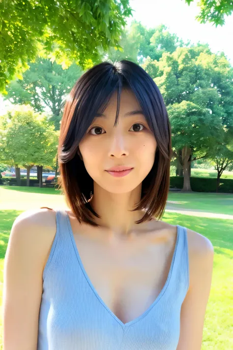 Skinny Japanese lady, 30 years old, cute face, detailed face, natural makeup, detailed eyes, casual clothes, small breasts, very thin wasit, standing in the park, sunshine, (upper-body photo)