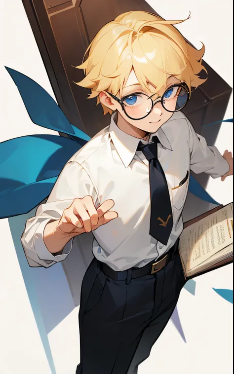 Cute boy, blonde hair, blue eyes, young, happy, white shirt, collared shirt, belt, religious, holding book, round glasses, strict, small boy, christian