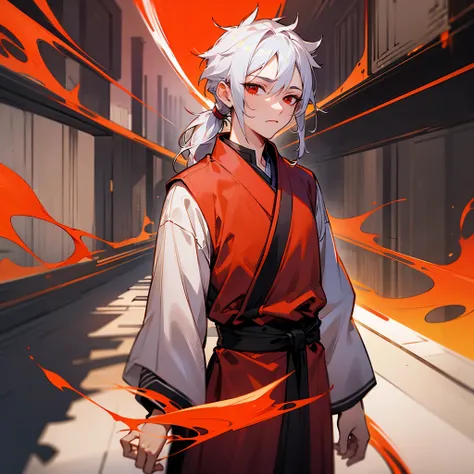 1male, Avatar the last Airbender , Fitted Sleeves , Red and Dark Red Clothing , Fire Nation Clothing , Unique Clothing , Red Sash , Feudal Chinese City Background , Small Ponytail , White Hair , Spiky Hair , Red Eyes , Standing on path