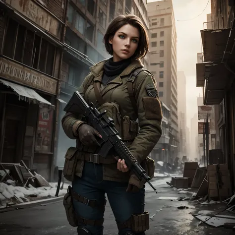 Slavic, solo female, straight short brown hair, blue eyes, resistance fighter, tactical gear, post apocalyptic city