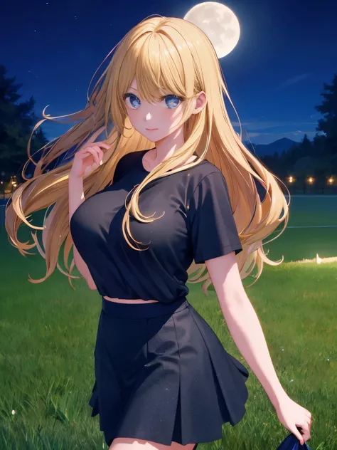 1woman,super beautiful,Walking on the grass hill,at night, beautiful moon,sad expression,half body photo,Focus on face,Beautiful eyes, very detailed face, HD face, perfect face,black t-shirt,black mini skirt,tennis skirt,Very big breasts,Blonde hair,long h...