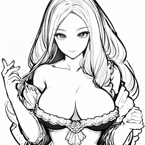 Coloring book for adults. Only black and white. low detail only main line. beautiful sensual nude and erotic woman with massive breasts. The breasts are not covered by anything. white background. white colors. full body view of blonde woman. (Ultra detaile...