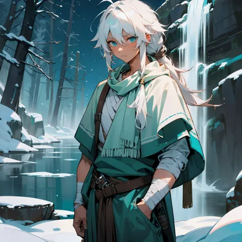 1male, young adult, tan skin, finely detailed aqua eyes, long messy hair with braided ponytail, white hair color, adventurer clothing, poor clothing, poncho, bandages wrapped around arms, bandolier across chest, standing with hands in pocket, standing on s...