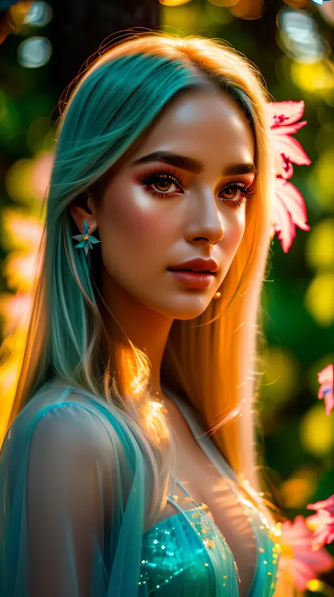 Beautiful realistic girl with BRIGHT WHITE-TURQUOISE long hair... ,Close-up of clean skin with detailed skin ,full length,in a short miniskirt,on an orange background ,Against the background of the starry sky,bright makeup,EARRINGS WITH GLITTERS,two-leaf g...