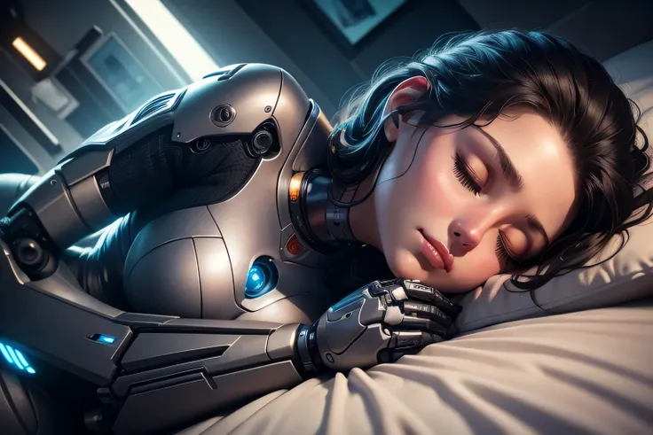 female robot sleeping on bed　close your eyeachine body　bedroom at night, Hmm, retina, masterpiece, Accurate, anatomically correct, rough skin, Super detailed, advanced details, high quality, Awards, 最high quality, High resolution