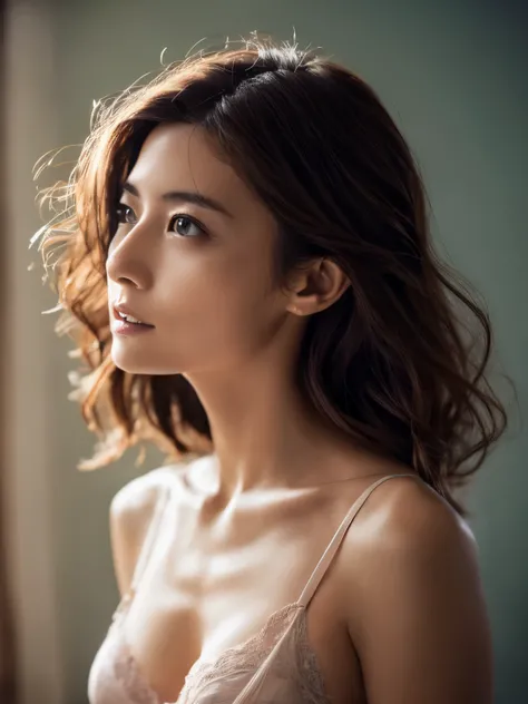 cinematic color, beautiful japanese woman, (best quality, ultra-detailed), feminin lighting, messy hair, wearing lingeries, delicate features, dreamy atmosphere