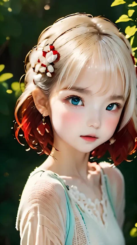 RAW photo、realistic、Ultra-realistic people、(((The head is white:1.2)))、(((The tips of the hair are red:1.2)))、(((Beautiful gradation of hair from white to red:1.2)))、one girl、、big red ribbon hair ornament、cute face、baby face、natural look、Casual costume、sim...