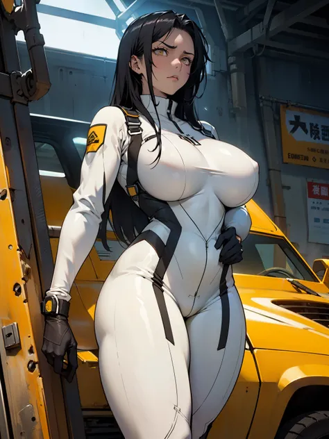 (1girl), black hair, extremely long hair, yellow eyeuscular)))))), ((((huge breasts)))), ((((thick thighs)))), solo, despair face, (pale skin), cowboy shot, (((full bodysuit)))