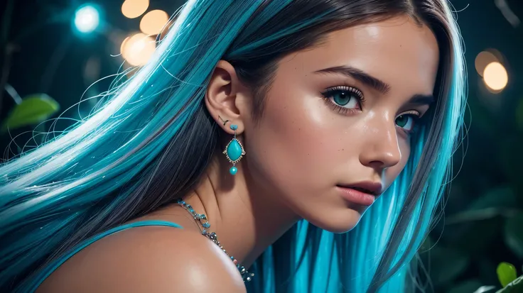 Beautiful realistic girl with BRIGHT WHITE-TURQUOISE long hair... ,Close-up of clean skin with detailed skin ,full length,in a short miniskirt,on an orange background ,Against the background of the starry sky,bright makeup,EARRINGS WITH GLITTERS,two-leaf g...