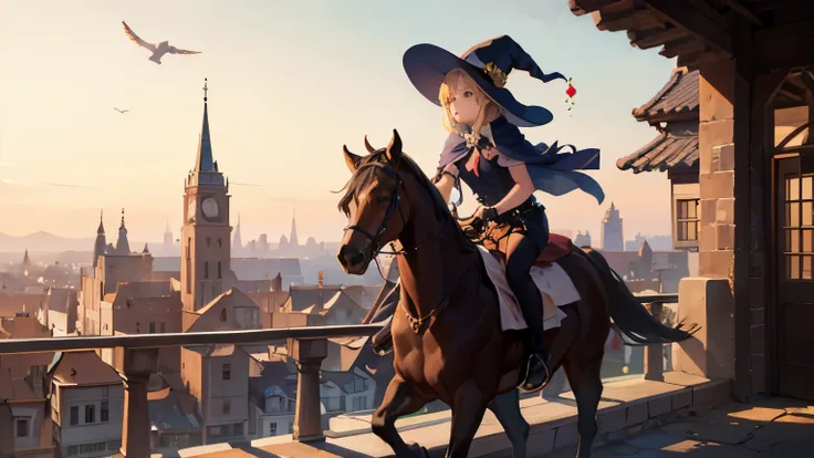 A cute witch riding her broom over a city