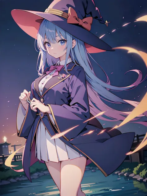 magician girl、She wears a large witch&#39;s hat with sapphire accessories、I am wearing a Japanese high school blazer uniform.、Japan anime-style illustration、Drawn by a Japanese illustrator、Bank of the river in Tokyo late at night