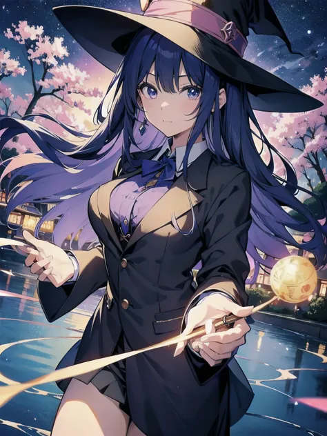 magician girl、She wears a large witch&#39;s hat with sapphire accessories、I am wearing a Japanese high school blazer uniform.、Japan anime-style illustration、Drawn by a Japanese illustrator、Bank of the river in Tokyo late at night