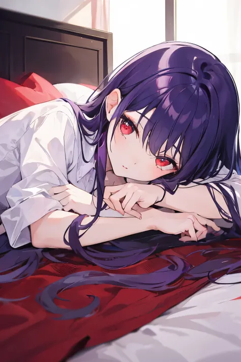 girl,purple hair,long hair,red eye,cute,lie on the bed