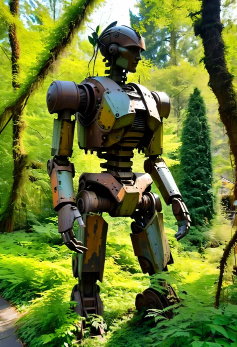 giant abandoned mech that become a forest statue,sculpted by nature,surrounded by lush vegetation,moss-covered ancient metal,weathered and rusted armor parts,twisted and overgrown with vines,(best quality,4k,8k,highres,masterpiece:1.2),ultra-detailed,(real...