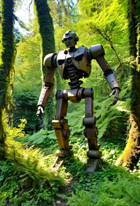 giant abandoned mech that become a forest statue,sculpted by nature,surrounded by lush vegetation,moss-covered ancient metal,wea...