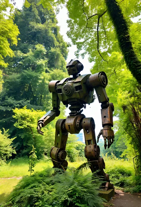 giant abandoned mech that become a forest statue,sculpted by nature,surrounded by lush vegetation,moss-covered ancient metal,wea...