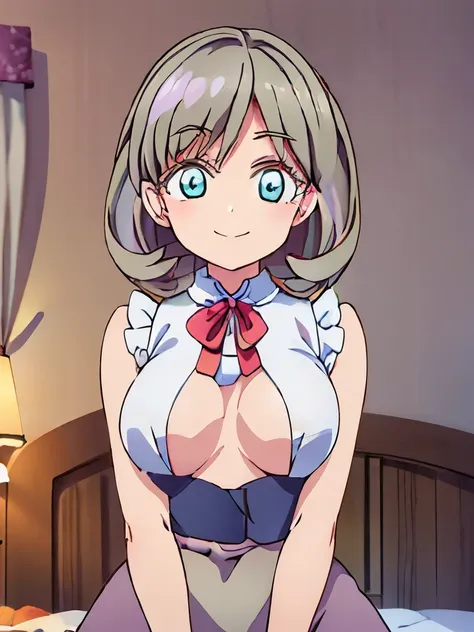 ((muste piece)), ((best quality)), (Super detailed), anime style etc.,peeing on the bed, pretty girl, 1 girl, solo, ((beautiful eyes)), shy smile, ((open chest)), ((cute nipples))