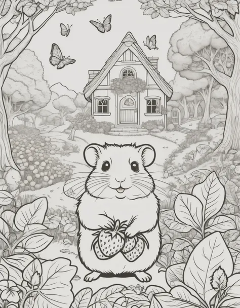 highly detailed, hyper-detailed 8k drawing of a hamster holding a large strawberry-no-color, hobbit-style house in a clearing un...