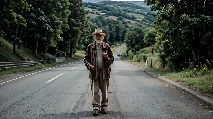 a wise old man on a road surrounded by green hills