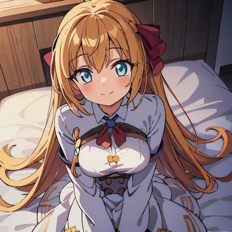 ((muste piece)), ((best quality)), (Super detailed), anime style etc., looking down from above, peeing on the bed, pretty girl, 1 girl, solo, nude00, ((beautiful eyes)), shy smile