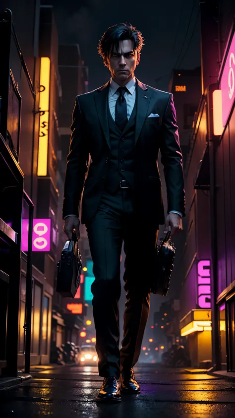 color epic cinematograph of a fearless attacking gritty, businessman wearing a black suite in a yellow and purple neon cyberpunk village. Photorealistic, dramatic shot --ar 16:9 --c 80 --s 1000