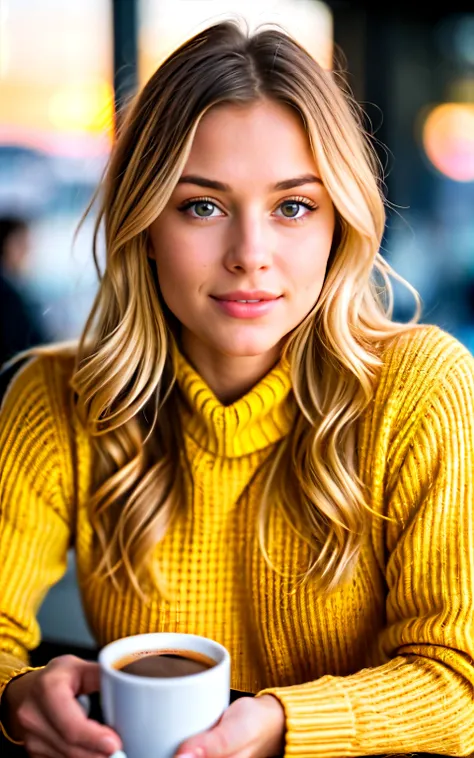 Cute beautiful blonde girl in a yellow sweater (Drinking coffee in a modern cafe at sunset), very detailed, 21 years old, innocent face, natural wavy hair, Blue eyes, in high definition, Masterpiece, Best quality,complex parts, very detailed,sharp focus, d...