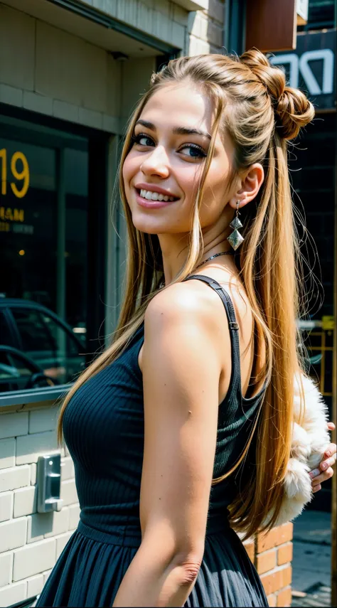 mulher arafa em um vestido preto em frente a um restaurante, linda e sorridente, retrato de sophie mudd, uma loira linda, com lo...