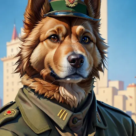 arafed dog wearing military uniform, digital art by adam marczyński, trending on cgsociety, digital art, wojtek fus, close up po...