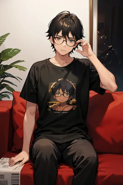 A boy  a black T-shirt and glasses in the background,,Sit On the sofa,, serious expression