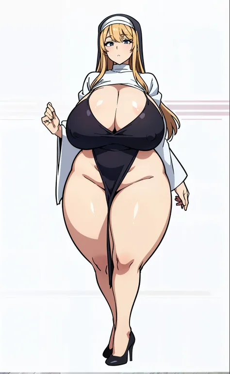 ((Cartoon image of a tall woman with long legs wearing a monk&#39;s robe and high heels)), tits, tits proportions, big breasts!!,big breasts!, Close-up of intense gesture style, She has a Plump, round belly, 覆われたSFWのhuge breasts, junko enoshima, big breast...