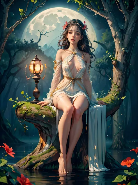 (realistic: 1.3) (original: 1.2), masterpiece, best quality, ((hibiscus flower blooming on a gnarled branch on a gray background)), fractal mandala background, poetic intimacy. colorful, beautiful naked forest goddess, expressive eyes, perfect face, highly...