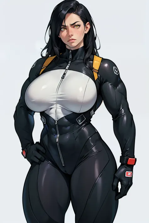 (1girl), black hair, (extremely long hair), yellow eye, (((((muscular))))), (((huge breasts))), ((((thick thighs)))), solo, sad, (pale skin), cowboy shot, (((full bodysuit)))