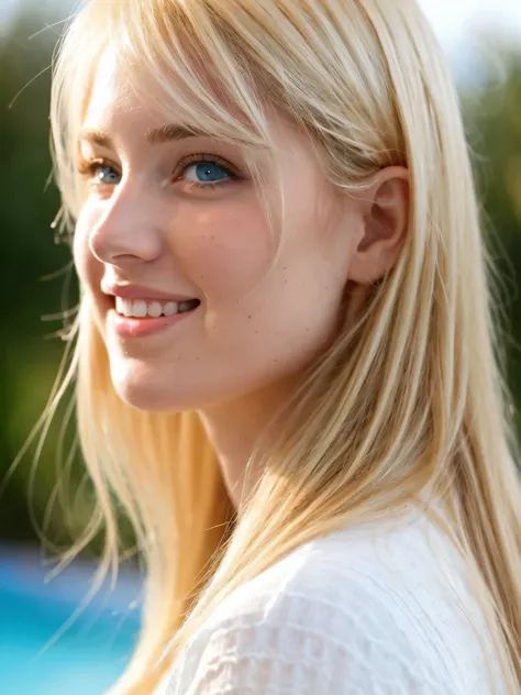 Close-up photo of blonde face with perfect eyes, big and beautiful eyes, just a little smile, profile,