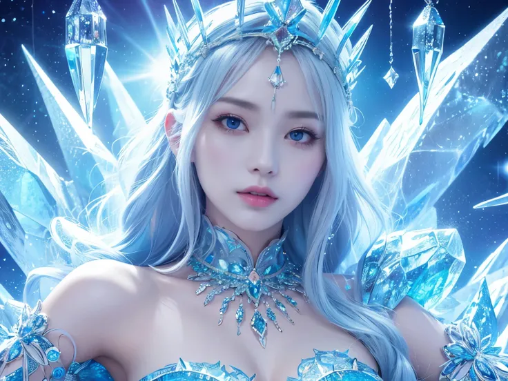 宮殿の床に横たわるIce Queen, she is lying on her back, relaxed pose,( absurdly , high quality , Super detailed,(See photographer )Ice Queen,Crystal costume with detailed, beautiful and colorful patterns,ice queen,ice World,fantasy palace of god