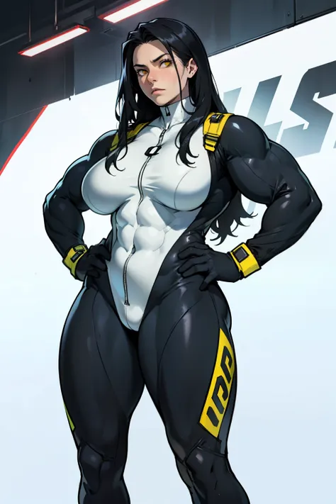 (1girl), black hair, (extremely long hair), yellow eye, (((((muscular))))), (((huge breasts))), ((((thick thighs)))), solo, sad, (pale skin), cowboy shot, (((full bodysuit)))