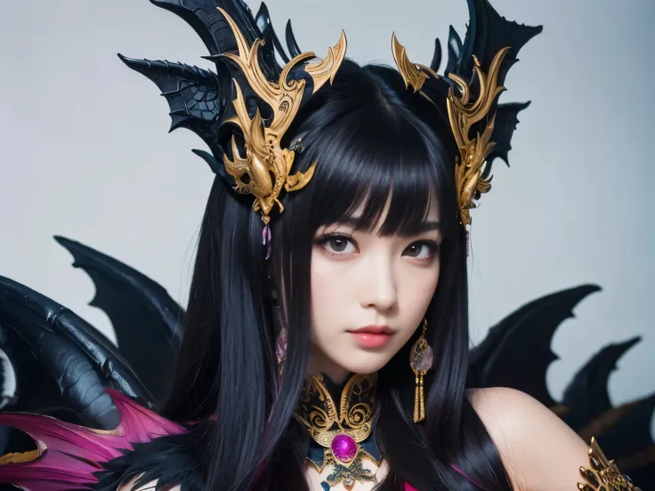 relaxed pose,( absurdly , high quality , Super detailed,See photographer ), black dragon queen,Detailed and beautifully colored dragon costume,