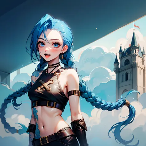 jinx (league of legends), 1girl,Pixar style, solo, braid, twin braids, long hair, Surprised Eyes,tattoo, piercing, belt, jewelry, earrings, (Eyes wide open:0.9),looking at viewer, arm tattoo, (Background of medieval castles:1.1), blue hair, blush, smile, v...