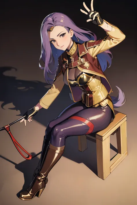 defsonya, purple hair, (((full body))), jodhpurs, riding pants, tight pants, (pants), beige pants riding coat, (((tailcoat))), red tailcoat, equestrian, equestrienne, ((riding crop)), (((brown leather thigh high boots))), (((brown leather thigh-high boots)...