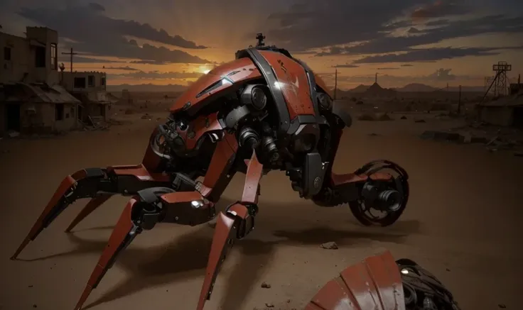 Ultra advanced biomechanical insectoid robot drone, black and red metal, has cameras, sensors and antennas, has mechanical insectoid arms and wheels, it is in completely destroyed post apocalyptic desertic city, sunny day, top view, 4k, ultra detailed imag...