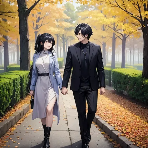 a man holding his wife's hand, in a park set in autumn, smiling