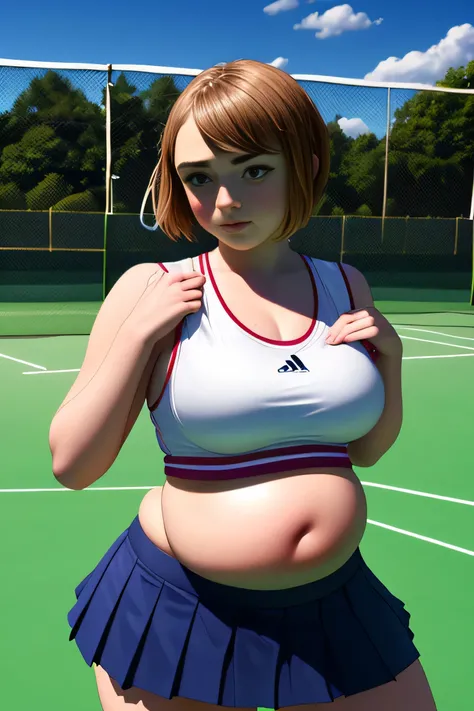 Maisie Williams, masterpiece quality, realistic, lots of detail, 1girl, solo, alone, (alone:1.9), beautiful sunny day, beautiful clouds in sky, on a tennis court, wearing a tennis uniform, wearing cop top, midriff, wearing short pleated skirt, average brea...