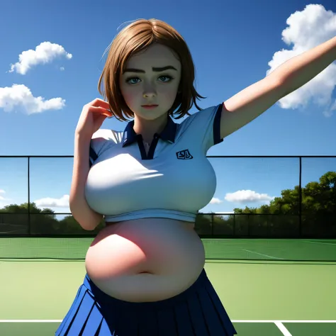 Maisie Williams, masterpiece quality, realistic, lots of detail, 1girl, solo, alone, (alone:1.9), beautiful sunny day, beautiful clouds in sky, on a tennis court, wearing a tennis uniform, wearing cop top, midriff, wearing short pleated skirt, average brea...