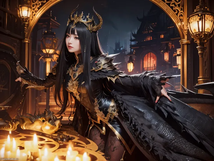 ,( absurdly,high quality , Super detailed,(See photographer ), black dragon queen,Detailed and beautifully colored dragon costume,God&#39;s Palace in the Fantastic World