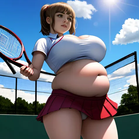 Maisie Williams, masterpiece quality, realistic, lots of detail, 1girl, solo, alone, (alone:1.9), beautiful sunny day, beautiful clouds in sky, on a tennis court, wearing a tennis uniform, wearing cop top, midriff, wearing short pleated skirt, big breasts,...