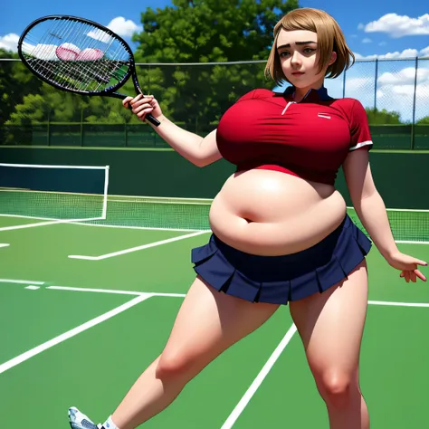 Maisie Williams, masterpiece quality, realistic, lots of detail, 1girl, solo, alone, (alone:1.9), beautiful sunny day, beautiful clouds in sky, on a tennis court, wearing a tennis uniform, wearing cop top, midriff, wearing short pleated skirt, big breasts,...