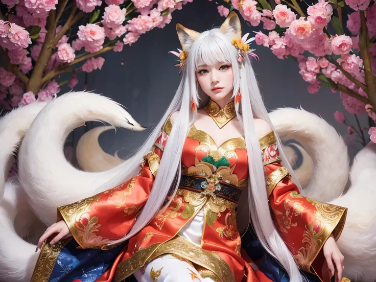 ( absurdly , high quality , Super detailed,(See photographer ),(fox god,nine-tailed fox) ,beautiful long white hair，Costumes with detailed, beautiful and colorful patterns,See photographer,god&#39;s palace