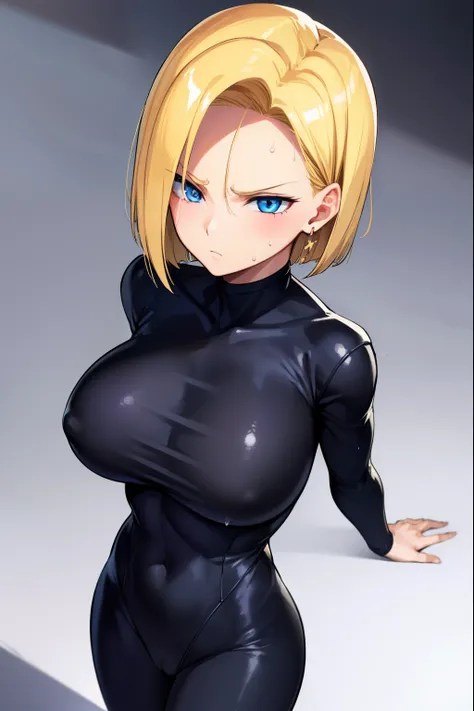 highest quality, High resolution, AND18, 1 girl, android 18, alone, golden hair, blue eyes, short hair,earrings,big breasts, frown,troubled face, Sweat,1 girl, Black tight suit, streak,looking at the viewer,