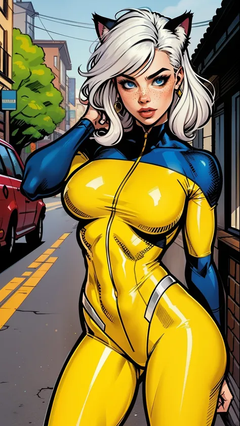 A woman, white hair, hair with bangs, 90s x-men uniform, outside, Marvel art style, comic, cat ears, blue eyes, freckles, yellow spandex